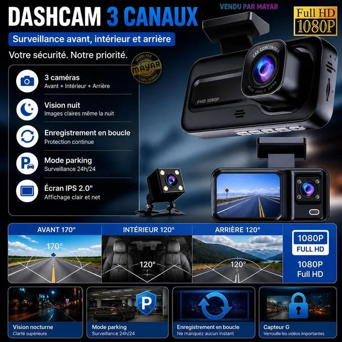 Dashcam 3 Caméras FHD 1080P avec Vision Nocturne et Mode Parking