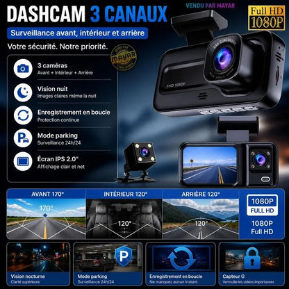 Dashcam 3 Caméras FHD 1080P avec Vision Nocturne et Mode Parking