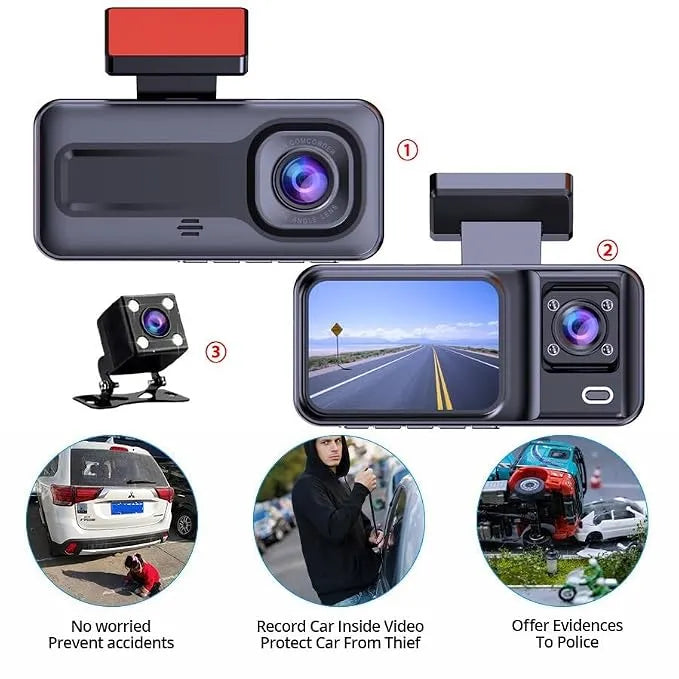 Dashcam 3 Caméras FHD 1080P avec Vision Nocturne et Mode Parking