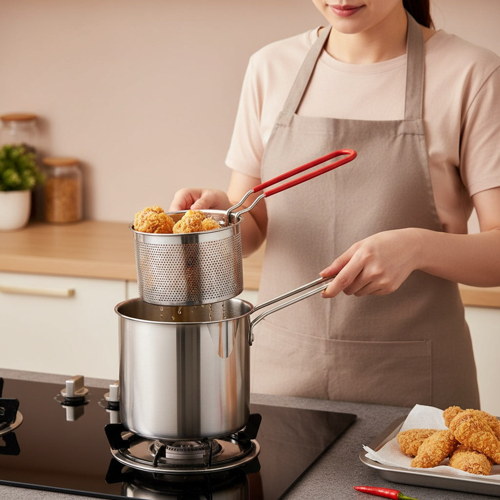 Casserole profonde(2 en 1) en acier inoxydable pour friture et cuisson à l’eau avec panier amovible