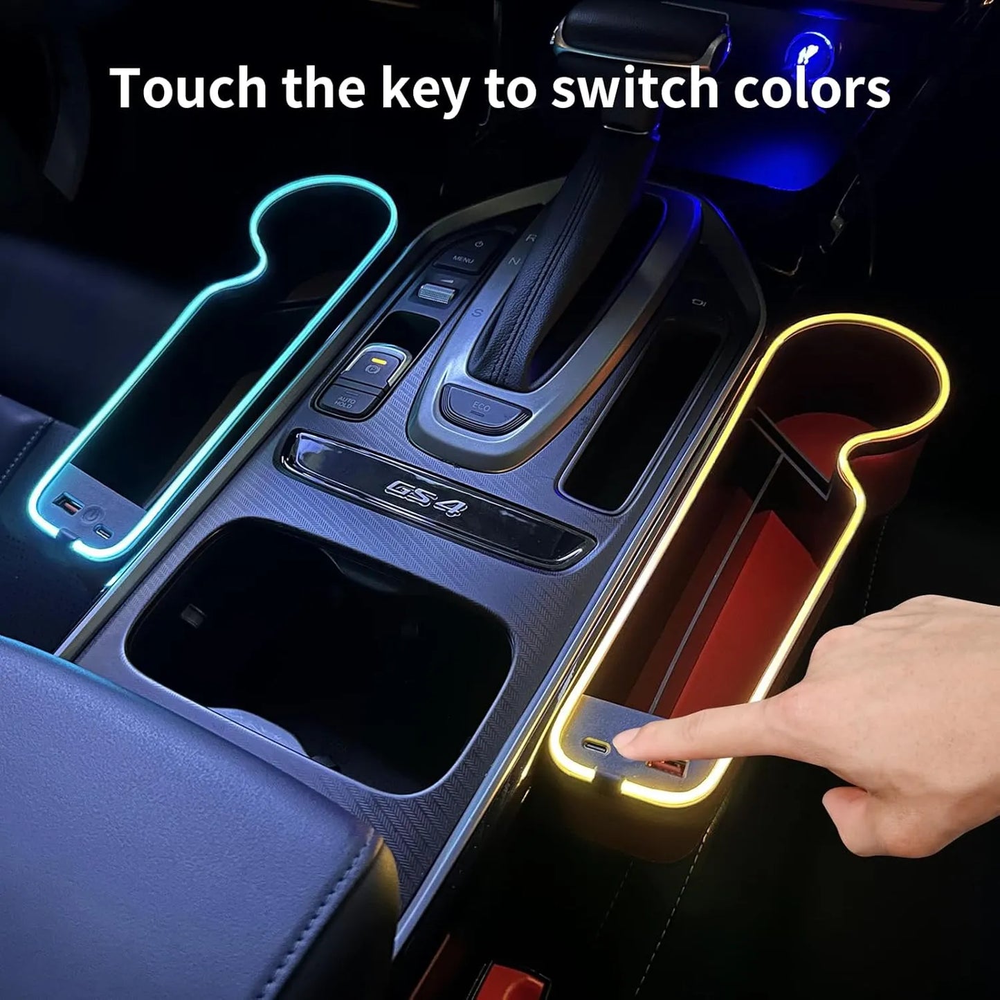 Console Voiture Luxe LED RGB avec Porte-Gobelet et Chargeur Téléphone