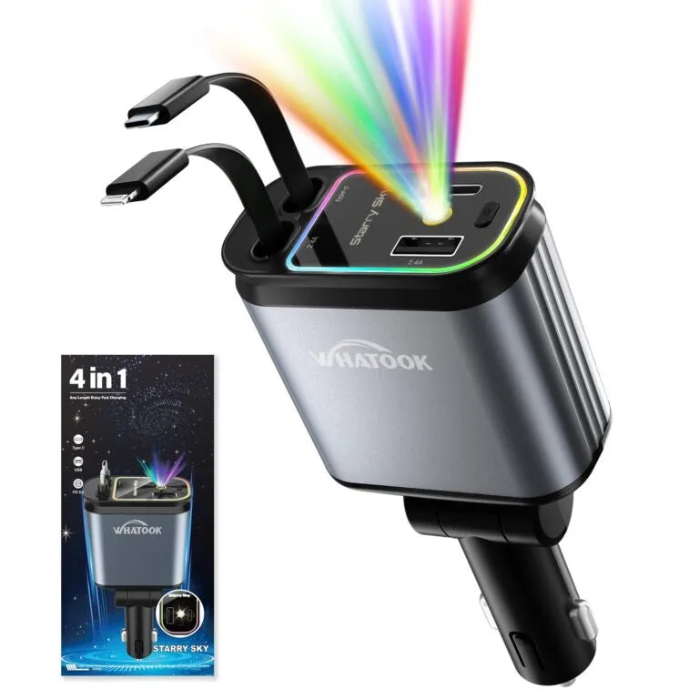Chargeur Voiture 4 en 1 Rétractable 66W avec Éclairage Starlight