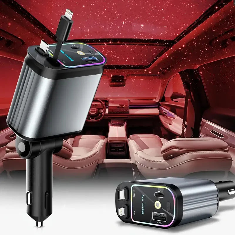 Chargeur Voiture 4 en 1 Rétractable 66W avec Éclairage Starlight