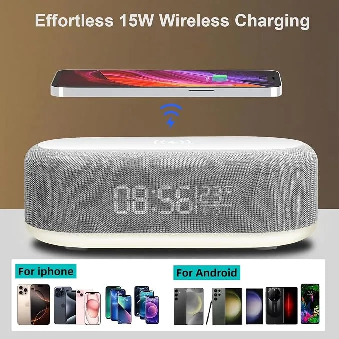 Baff Bluetooth Intelligente avec Horloge Digitale, Chargeur Sans Fil et Éclairage LED