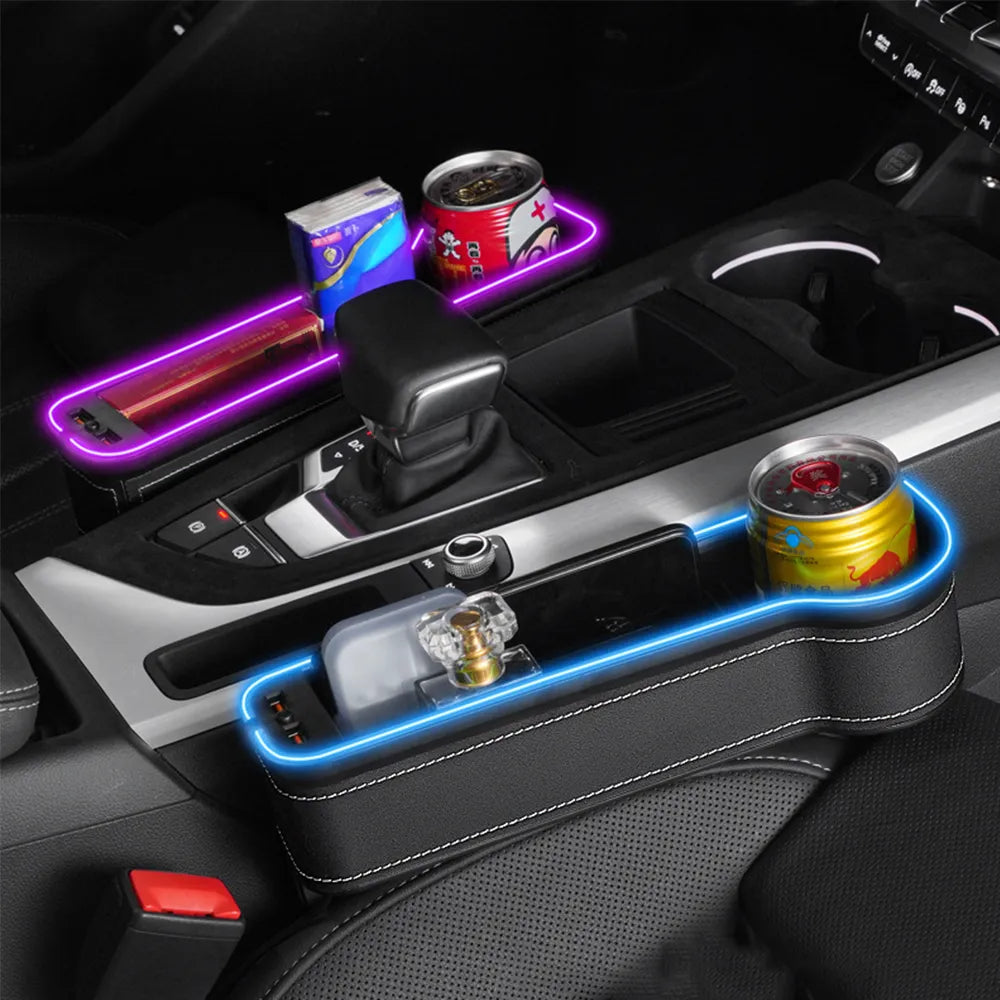 Console Voiture Luxe LED RGB avec Porte-Gobelet et Chargeur Téléphone