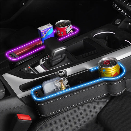 Console Voiture Luxe LED RGB avec Porte-Gobelet et Chargeur Téléphone