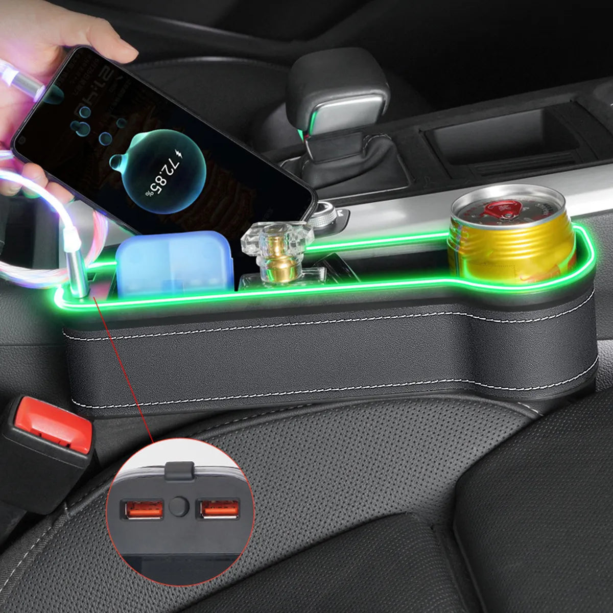 Console Voiture Luxe LED RGB avec Porte-Gobelet et Chargeur Téléphone