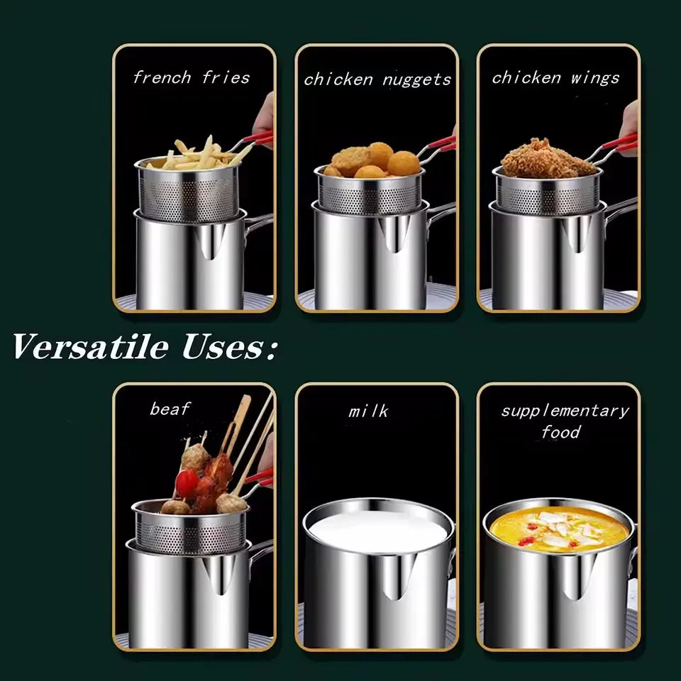 Casserole profonde(2 en 1) en acier inoxydable pour friture et cuisson à l’eau avec panier amovible