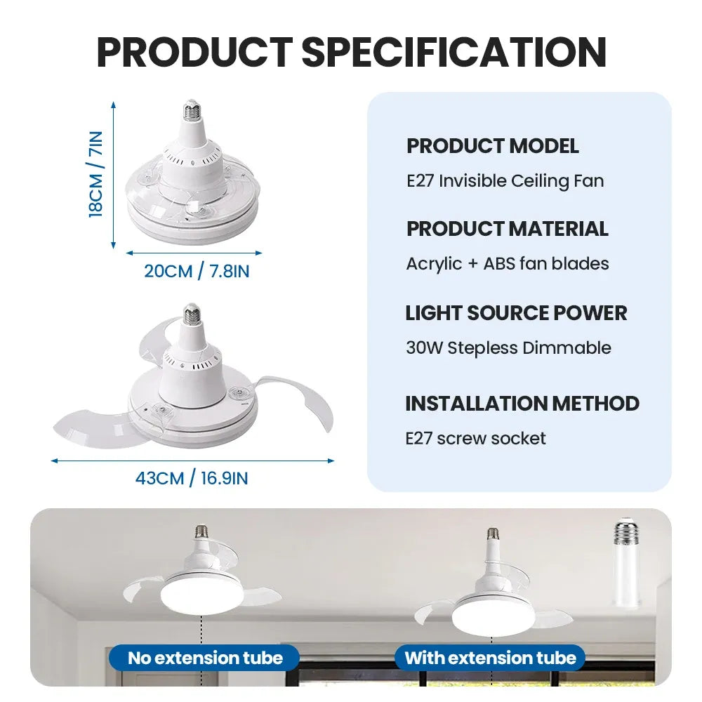 Ventilateur de Plafond LED avec Pales Télescopiques Invisibles et Télécommande