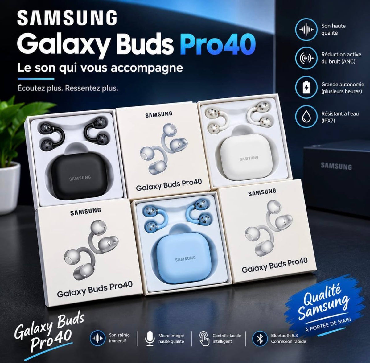 Écouteurs galaxy buds 40 pro - à fixer sur le côté de l’oreille