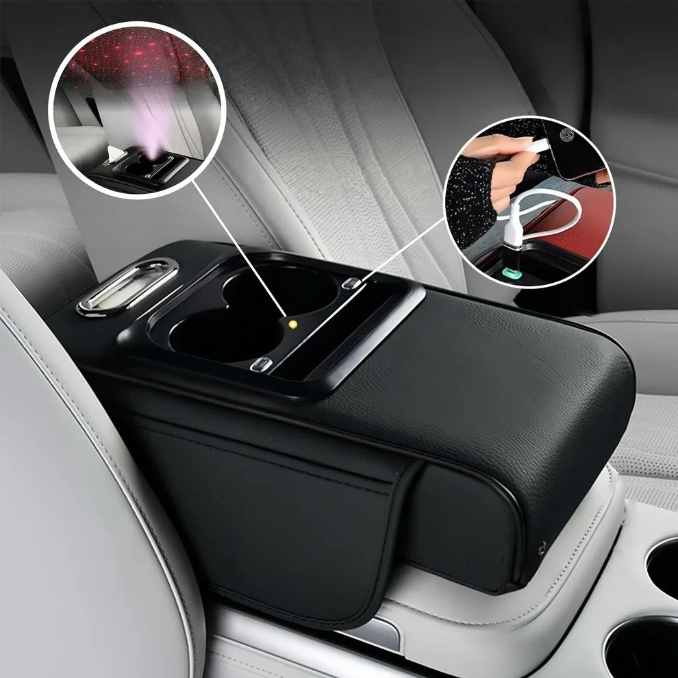 Organisateur Multifonction pour Voiture avec Porte-Gobelet, Éclairage LED et Chargeur USB