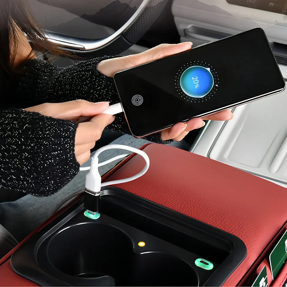 Organisateur Multifonction pour Voiture avec Porte-Gobelet, Éclairage LED et Chargeur USB